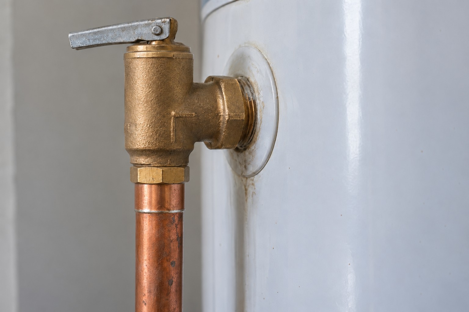 Installed temperature-and-pressure relief valve on a storage water heater