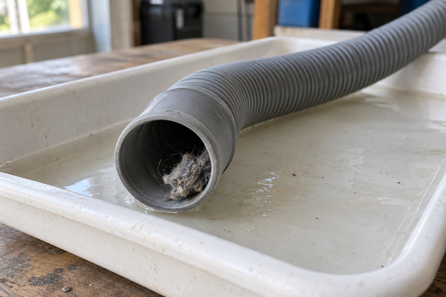 Removed corrugated washing machine drain hose on a tray with a small amount of debris beside the opening