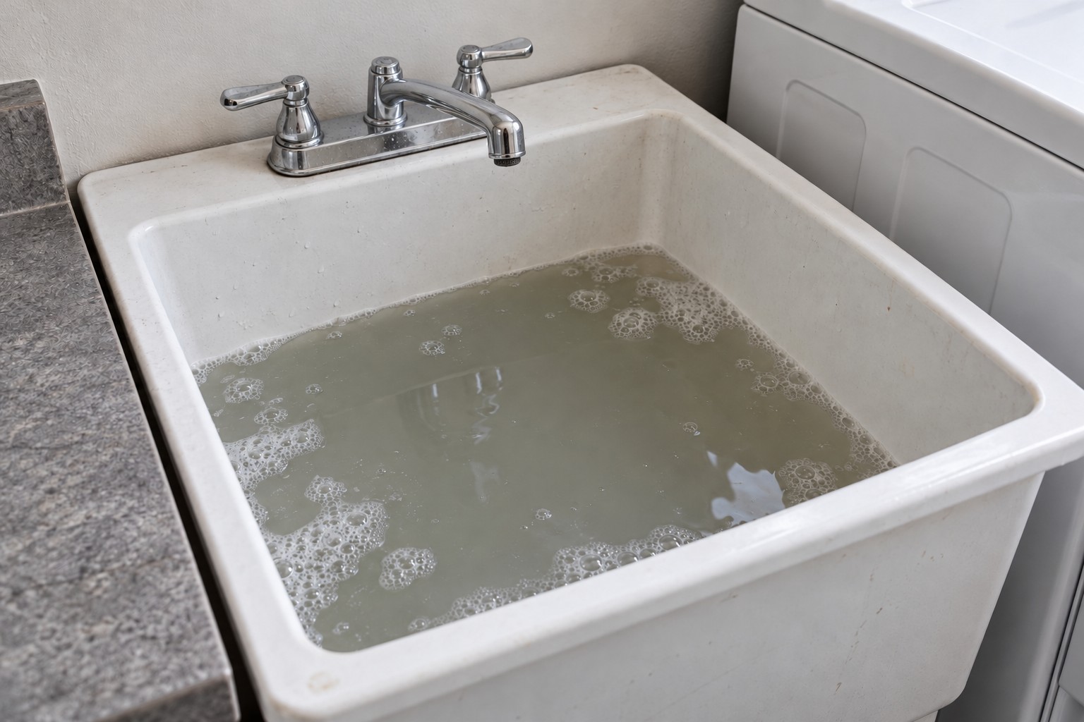 Laundry utility sink containing standing cloudy water beside a washing machine