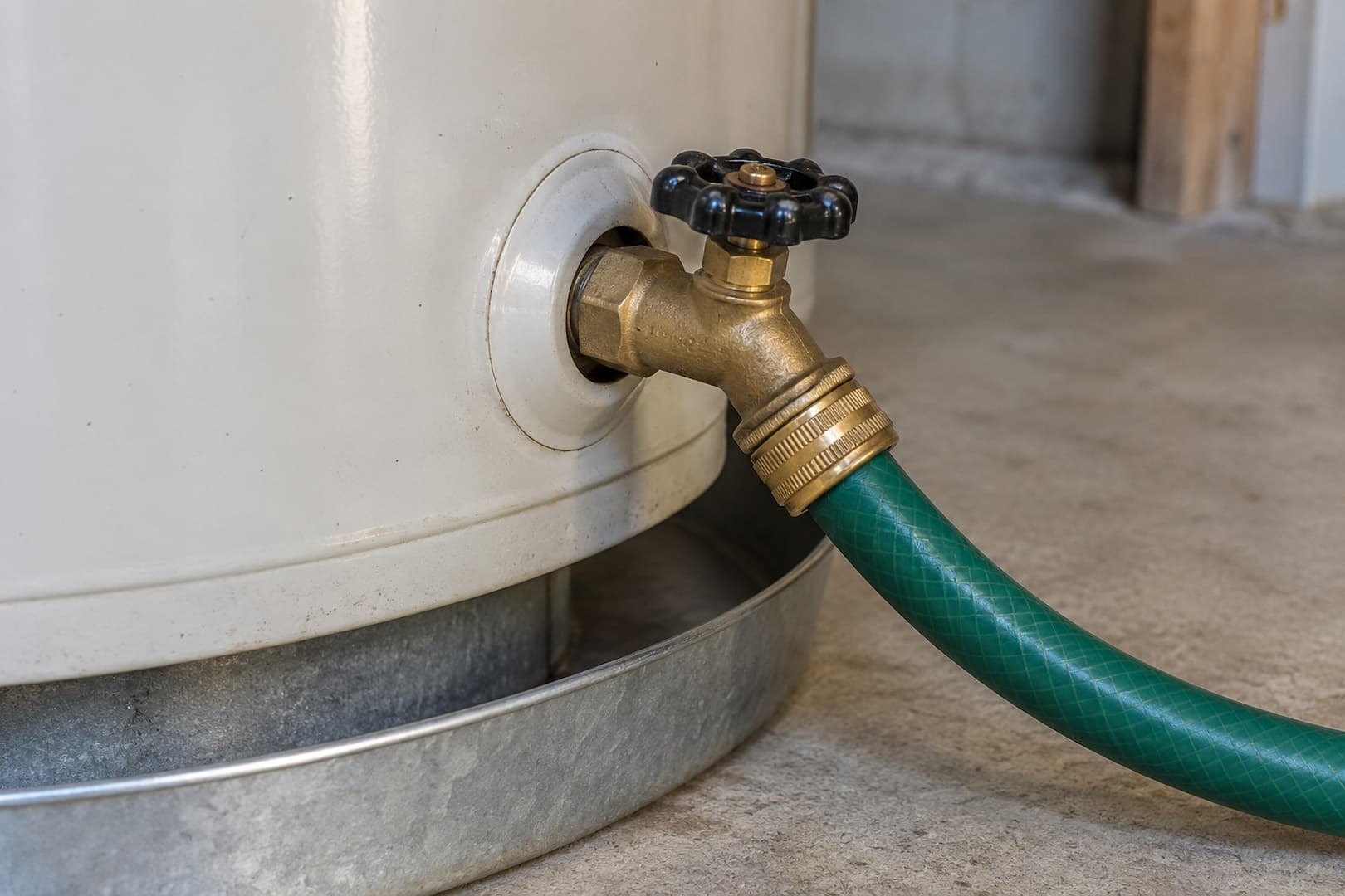 Hose connected to a water heater drain valve near the bottom of the tank