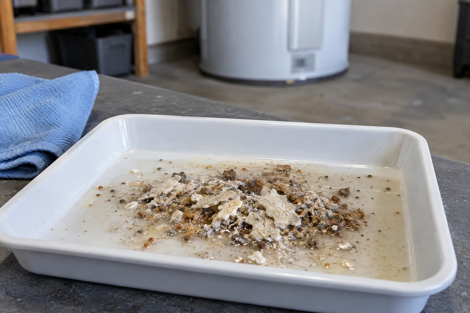 Wet mineral flakes and sediment in a shallow inspection tray